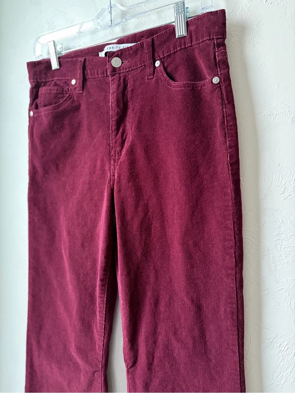 Celebrity Pink Burgundy Corduroy Flare Jeans Raw Hem Stretch Size 9/29